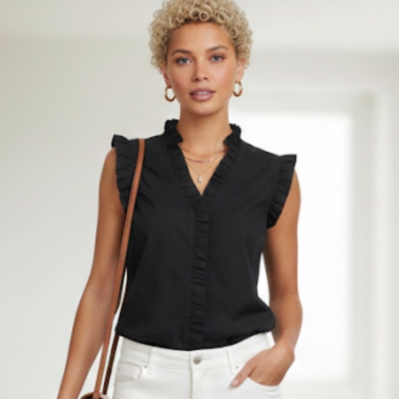 FINLEY Tops - FINLEY Byrdee Sleeveless Silky Poplin Black Ruffled Top Black Size Large